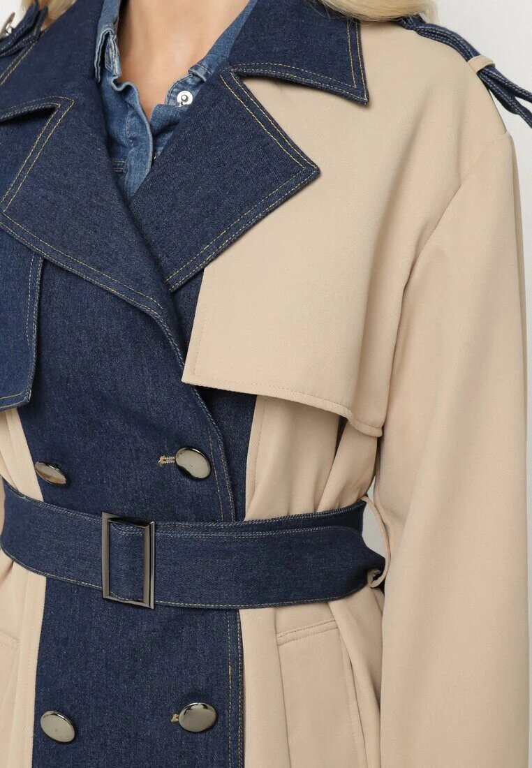 ann gissy Palton Trenci Albastru cu Bumbac Decorat cu Inserții din Denim Tirsedi