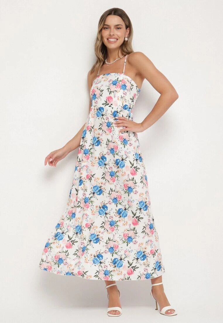ann gissy Rochie Albastră din Vâscoză cu Croi Evazat cu Imprimeu Floral Nalorene