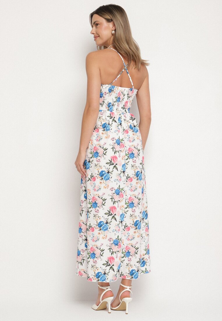 ann gissy Rochie Albastră din Vâscoză cu Croi Evazat cu Imprimeu Floral Nalorene