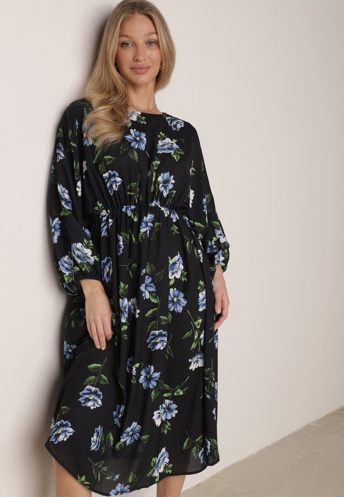 ann gissy Rochie Cloș Negru-Albastru Midi cu Mâneci Lilit Floral Gervia