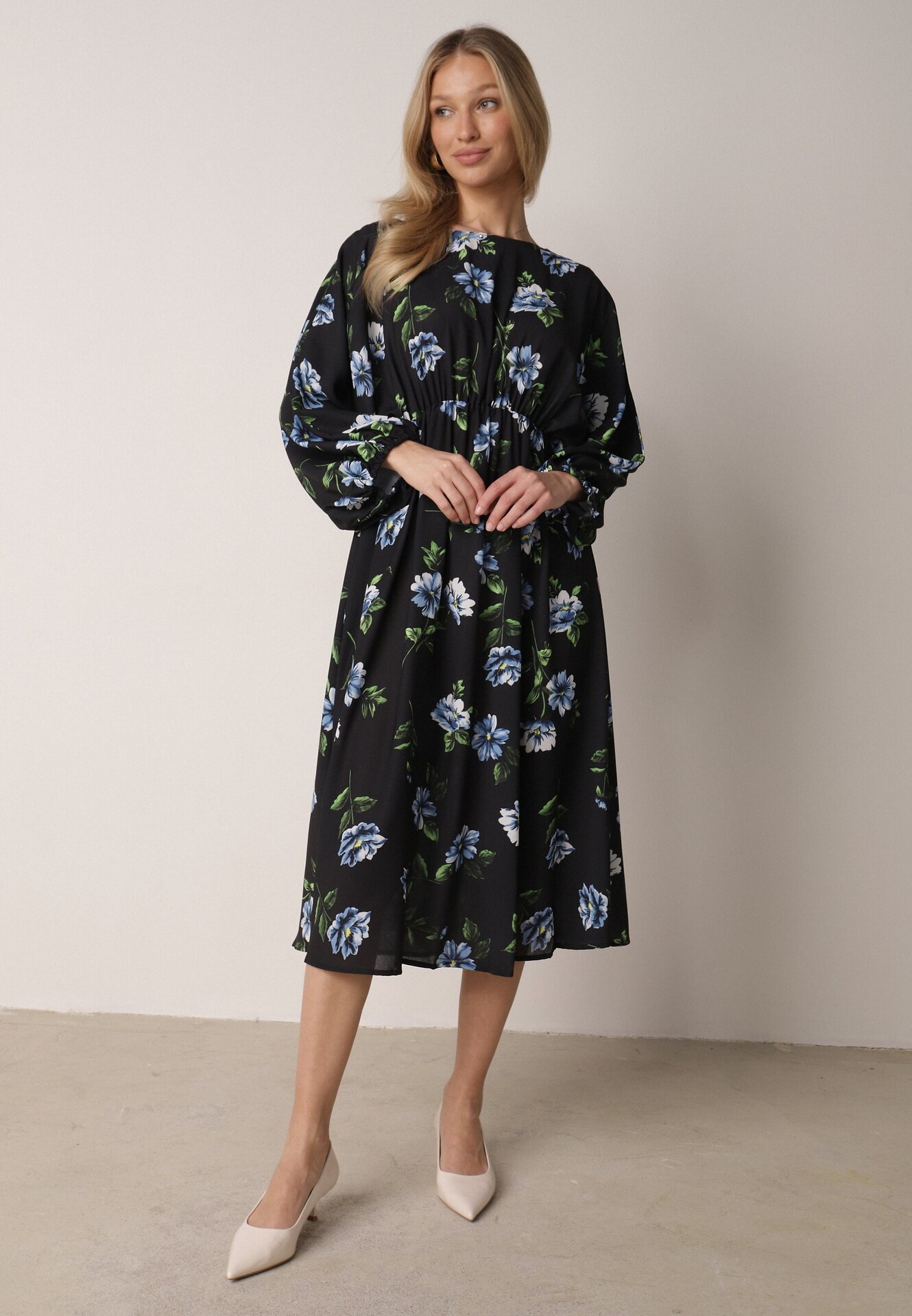 ann gissy Rochie Cloș Negru-Albastru Midi cu Mâneci Lilit Floral Gervia