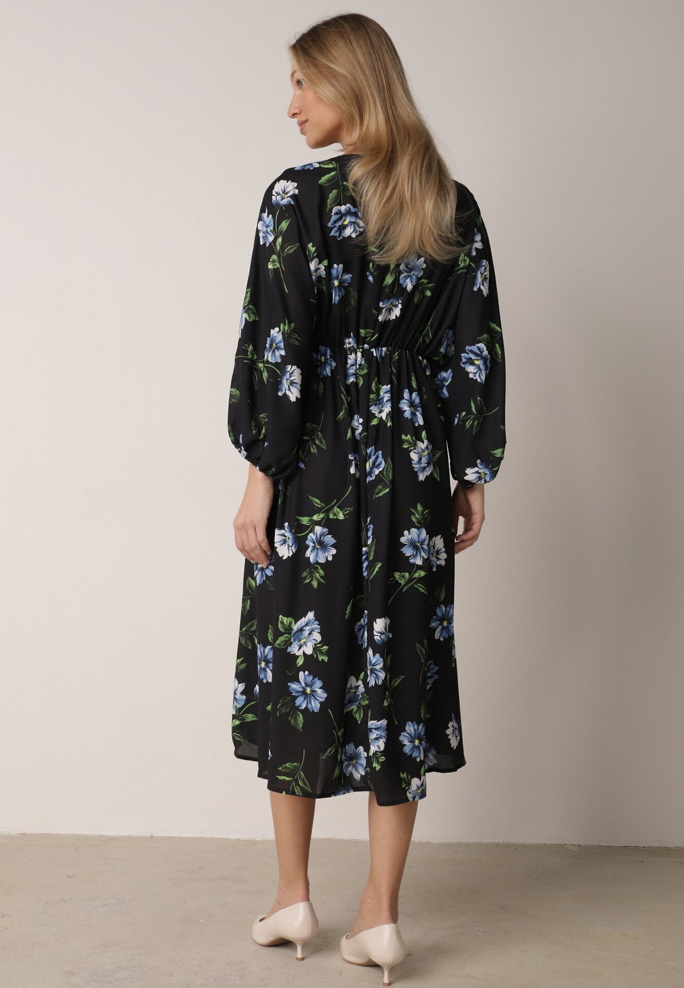 ann gissy Rochie Cloș Negru-Albastru Midi cu Mâneci Lilit Floral Gervia