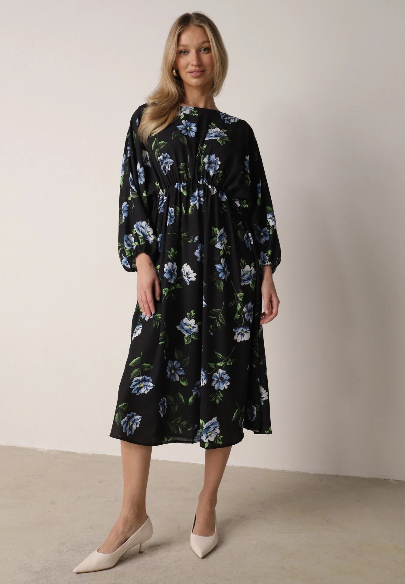 ann gissy Rochie Cloș Negru-Albastru Midi cu Mâneci Lilit Floral Gervia