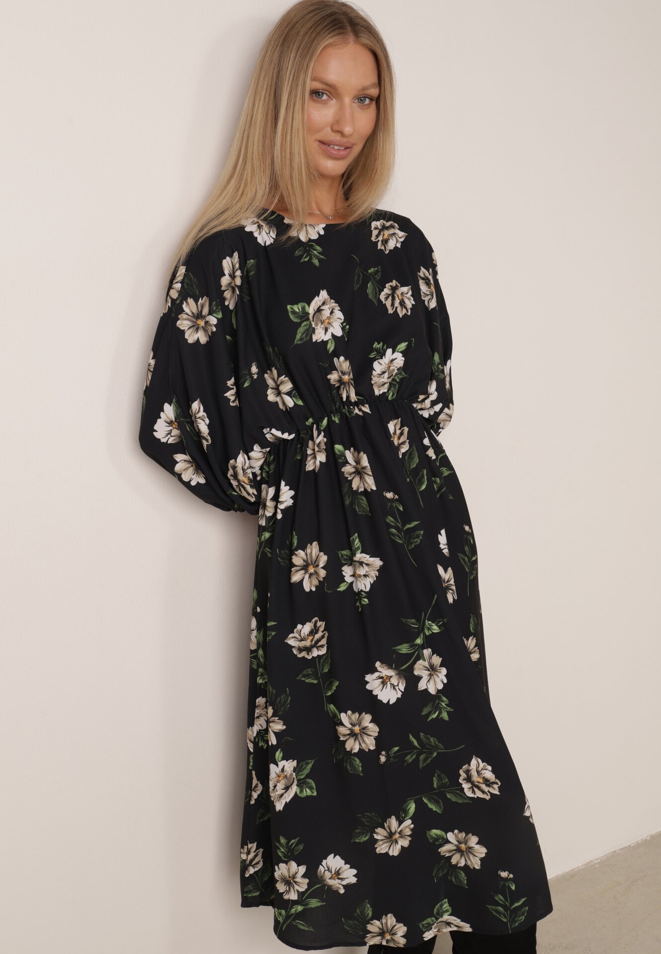 ann gissy Rochie Cloș Negru-Bej Midi cu Mâneci Liliac cu flori Gervia