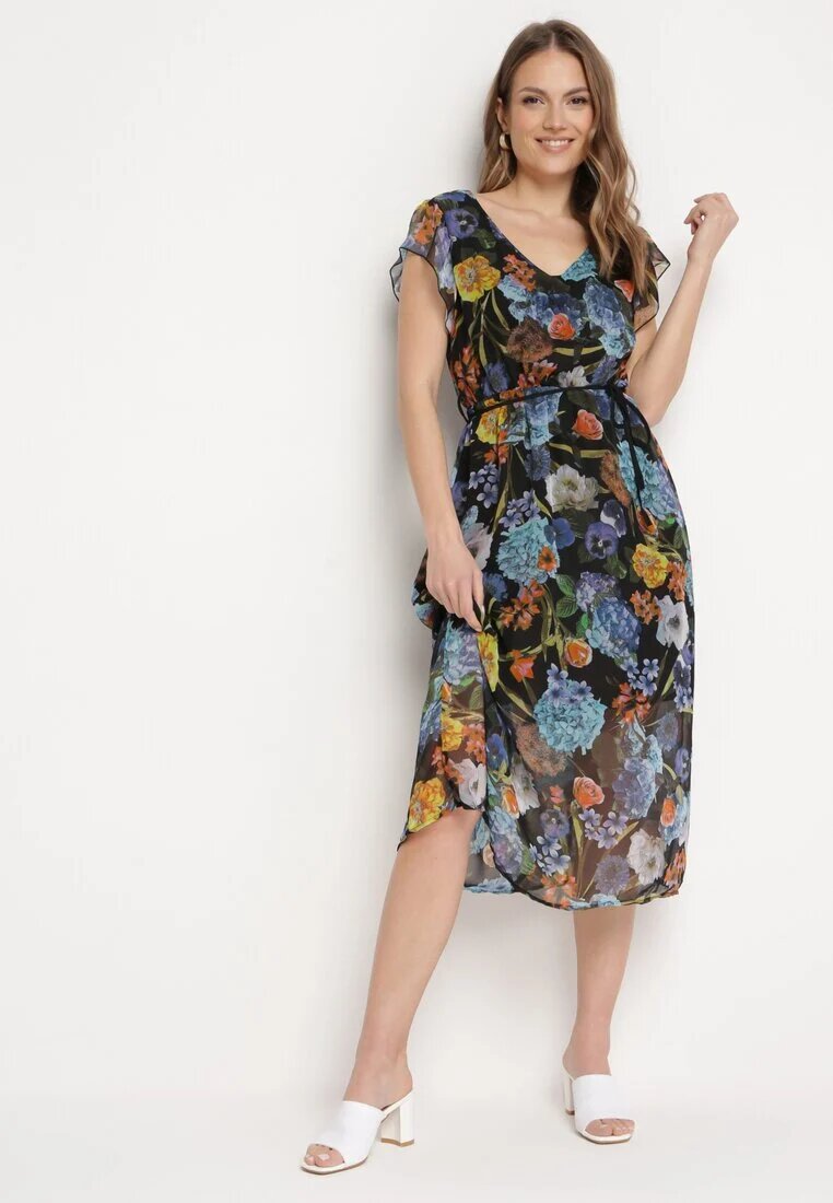 ann gissy Rochie Negru-Albastră Evazată Midi cu Imprimeu Floral Nelettia