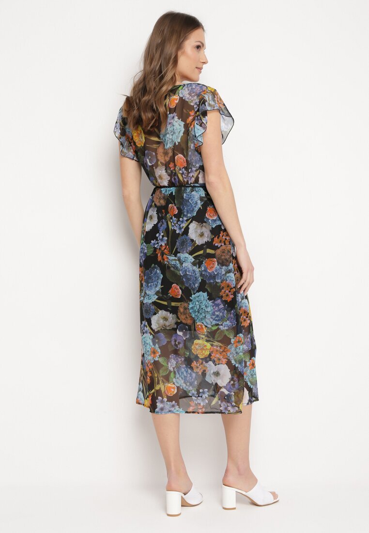 ann gissy Rochie Negru-Albastră Evazată Midi cu Imprimeu Floral Nelettia