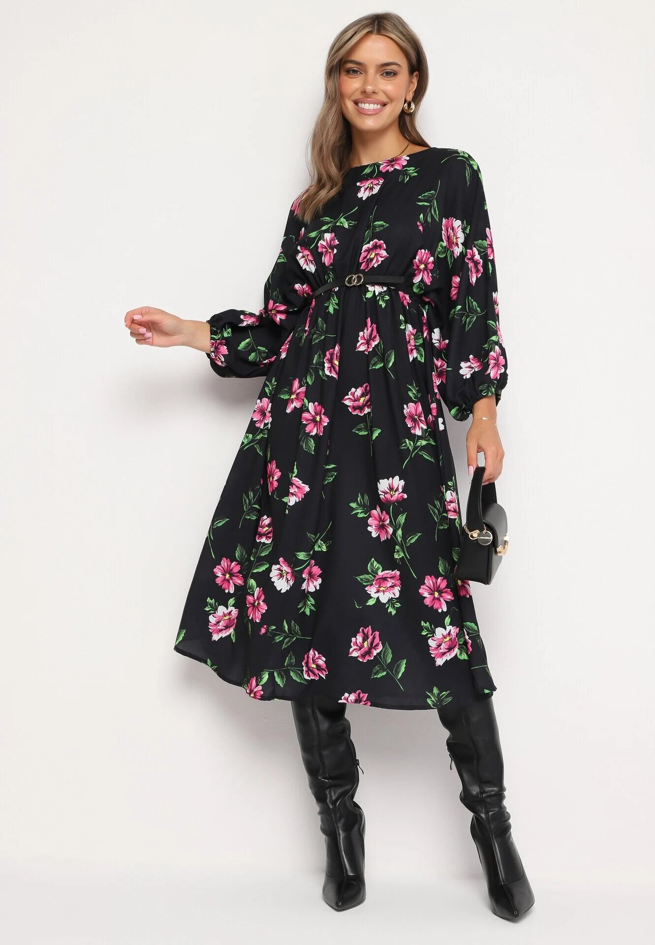 ann gissy Rochie Negru-Roz Evazată Midi cu Mâneci Liliac cu Imprimeu Floral Gervia