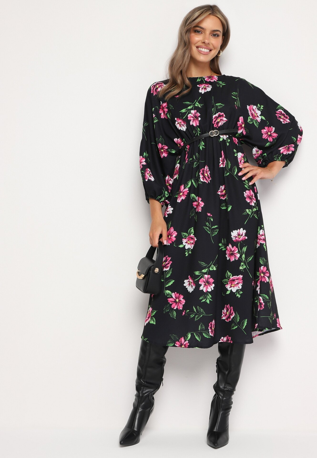 ann gissy Rochie Negru-Roz Evazată Midi cu Mâneci Liliac cu Imprimeu Floral Gervia
