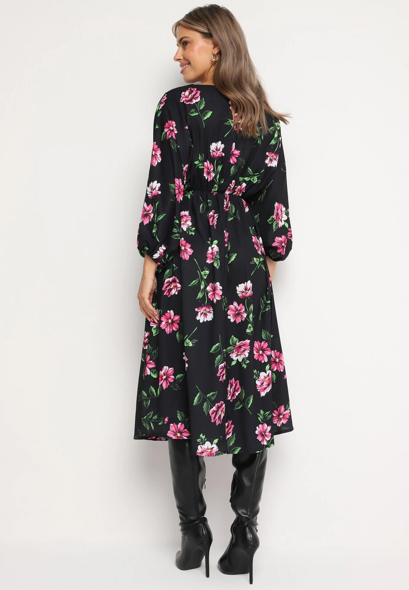 ann gissy Rochie Negru-Roz Evazată Midi cu Mâneci Liliac cu Imprimeu Floral Gervia
