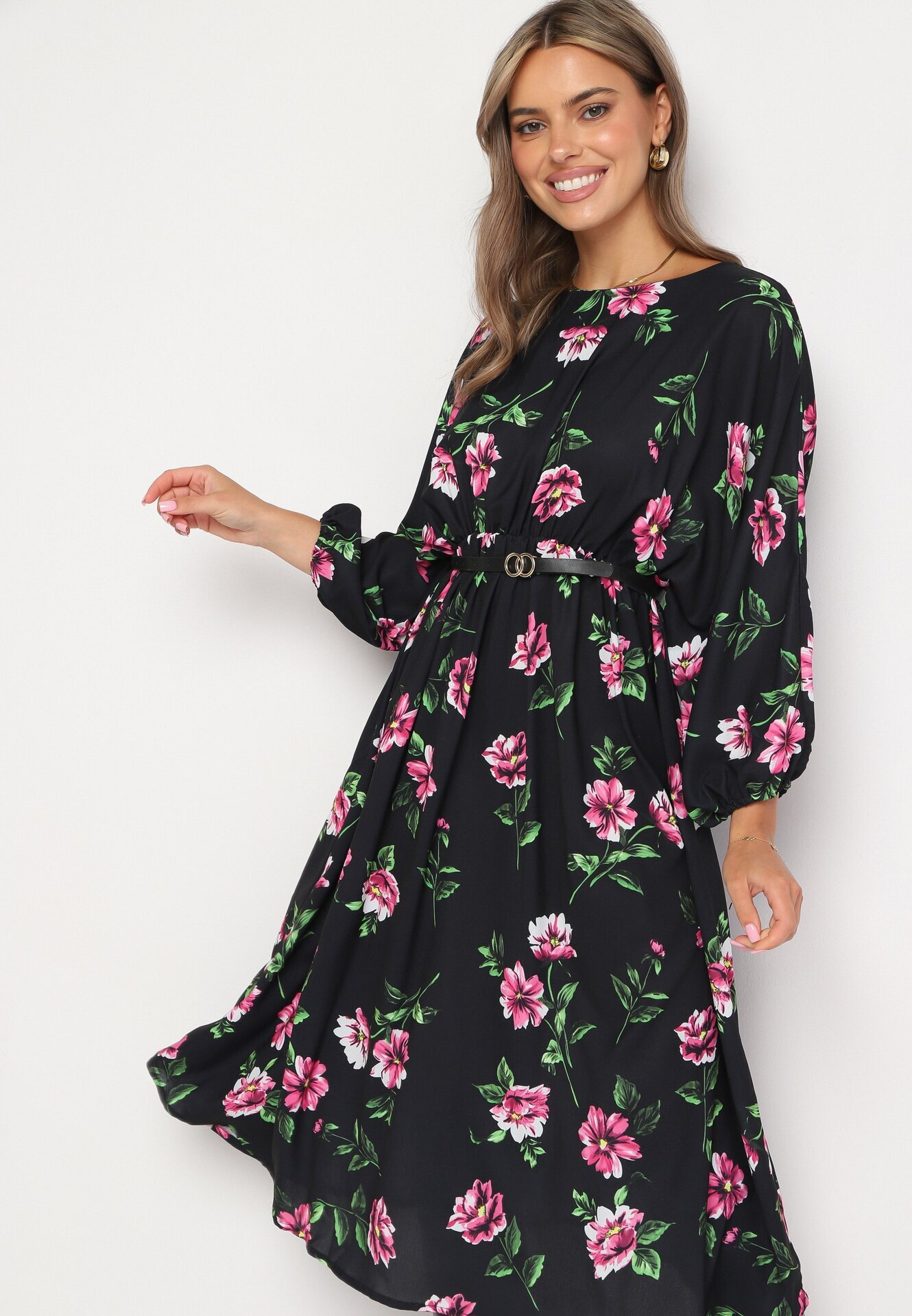 ann gissy Rochie Negru-Roz Evazată Midi cu Mâneci Liliac cu Imprimeu Floral Gervia