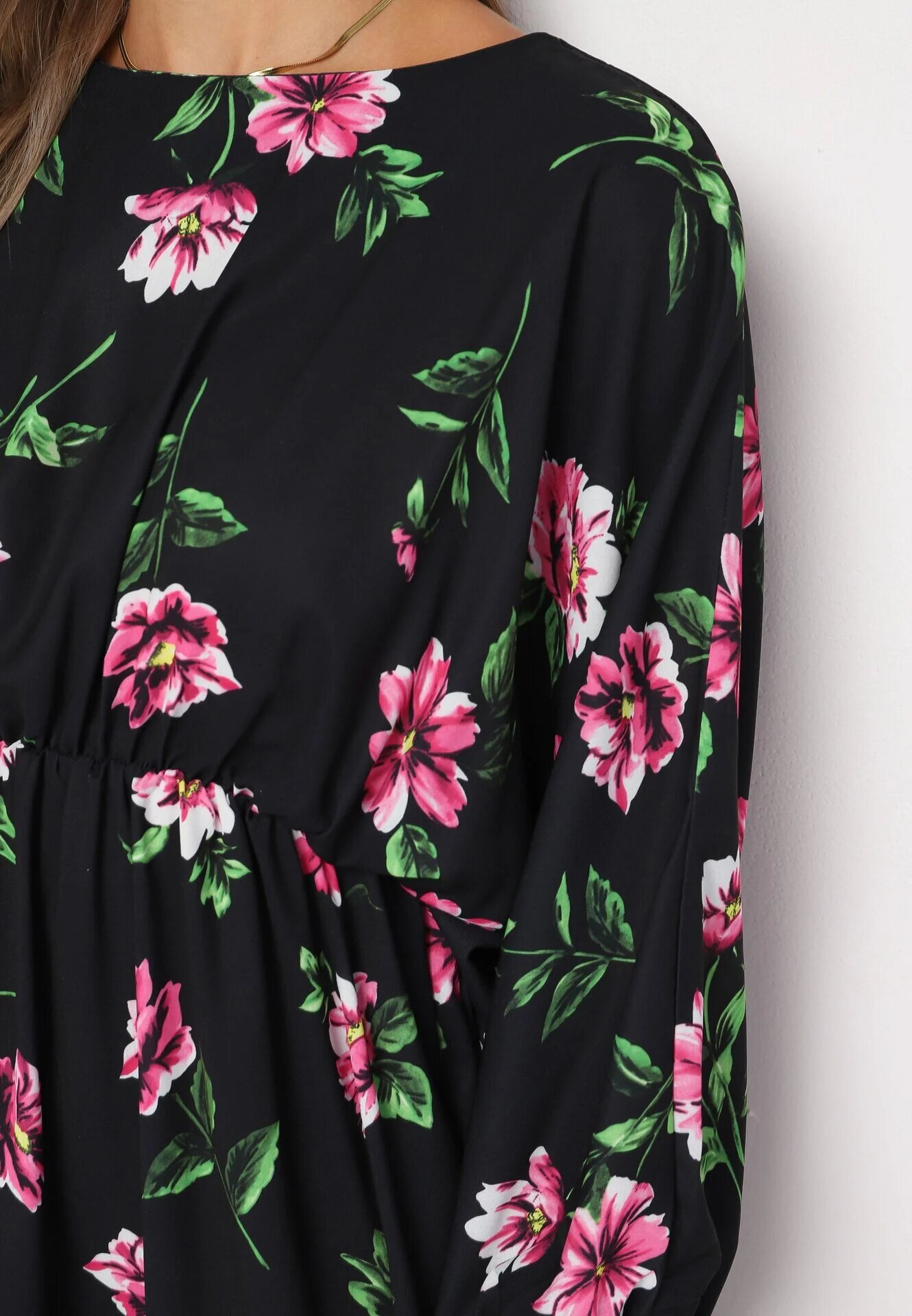 ann gissy Rochie Negru-Roz Evazată Midi cu Mâneci Liliac cu Imprimeu Floral Gervia