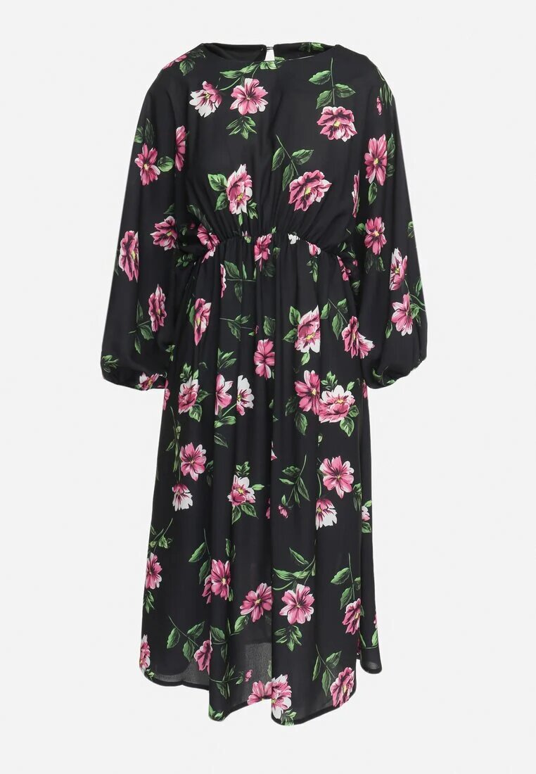 ann gissy Rochie Negru-Roz Evazată Midi cu Mâneci Liliac cu Imprimeu Floral Gervia
