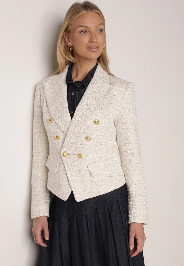 ann gissy Sacou Cambrat Dublu Rând bej deschis în stil tweed cu imitație de buzunare Liolia
