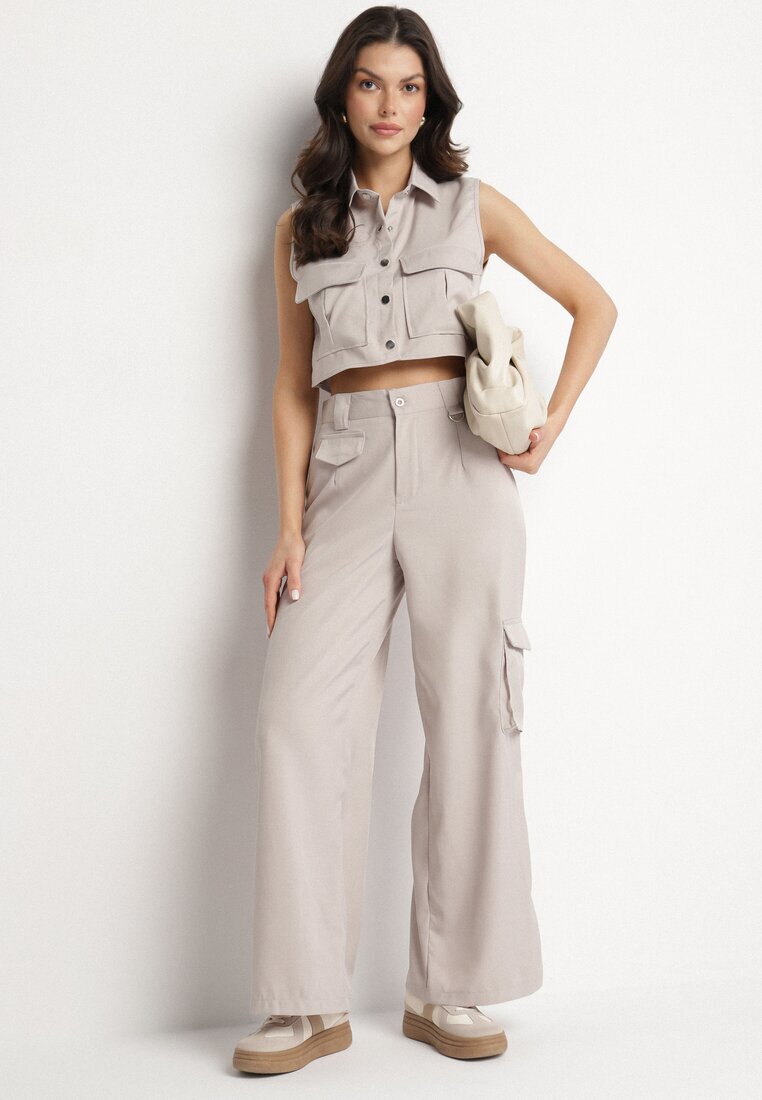 ann gissy Set Bej deschis Stil cargo Vestă cu guler și Pantaloni largi Zireva