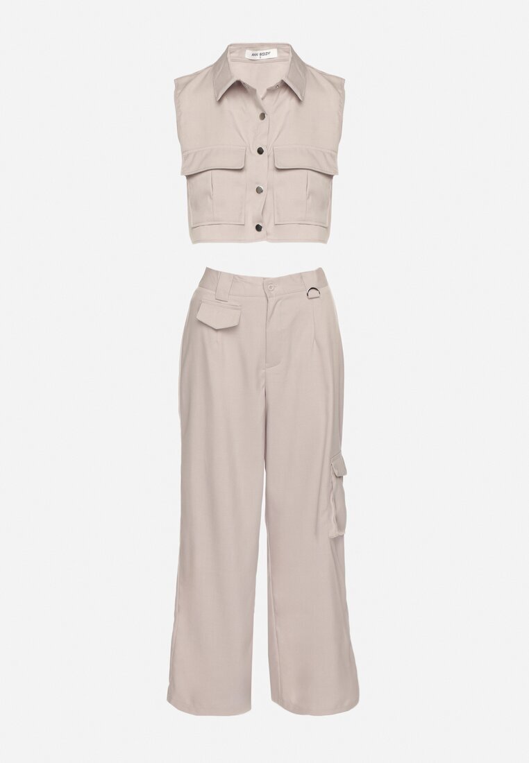 ann gissy Set Bej deschis Stil cargo Vestă cu guler și Pantaloni largi Zireva