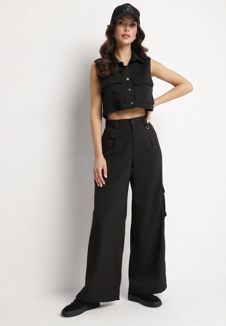 ann gissy Set Negru Stil Cargo Vestă cu Guler și Pantaloni Largi Zireva