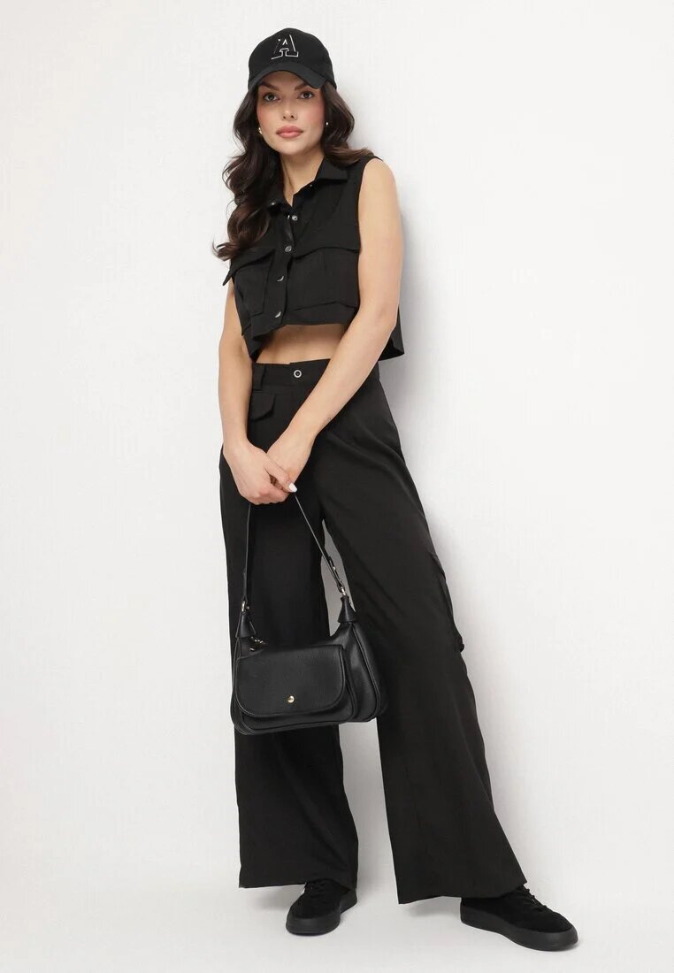 ann gissy Set Negru Stil Cargo Vestă cu Guler și Pantaloni Largi Zireva