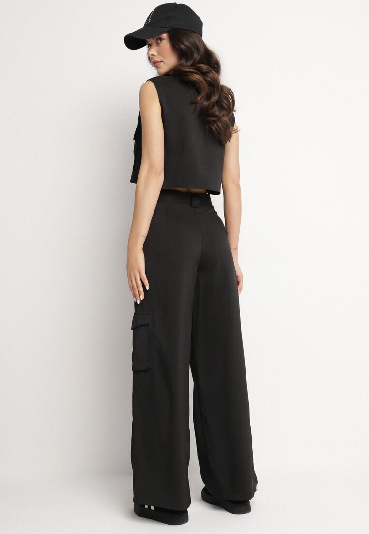 ann gissy Set Negru Stil Cargo Vestă cu Guler și Pantaloni Largi Zireva