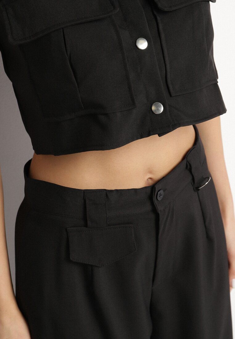 ann gissy Set Negru Stil Cargo Vestă cu Guler și Pantaloni Largi Zireva