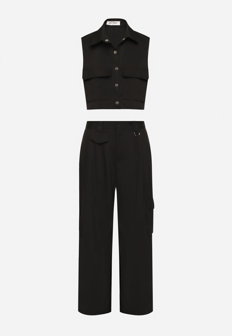 ann gissy Set Negru Stil Cargo Vestă cu Guler și Pantaloni Largi Zireva