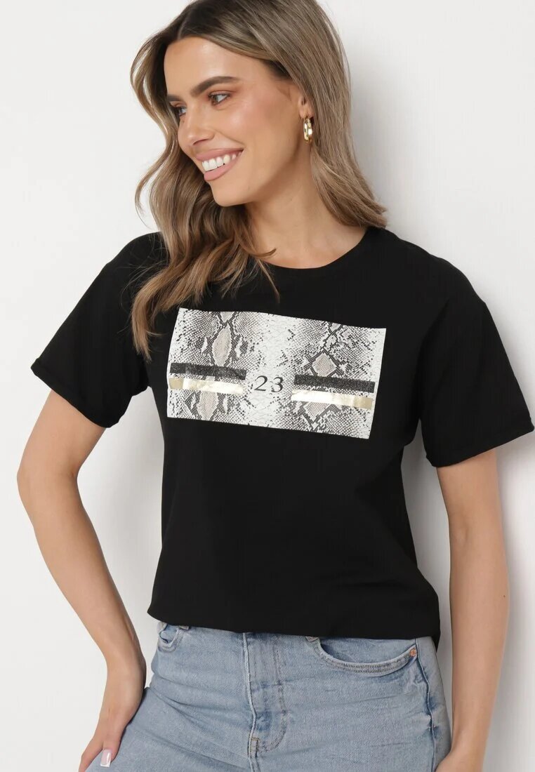 ann gissy Tricou negru de bumbac cu imprimeu decorativ Jalliana