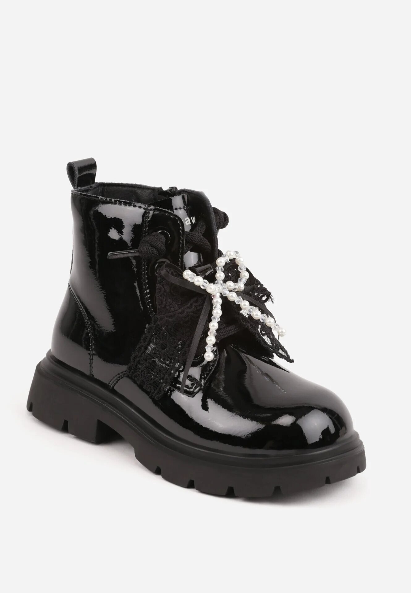 apawwa Botine lăcuite cu talpă profilată și fundiță decorativă detașabilă Raimara Negre