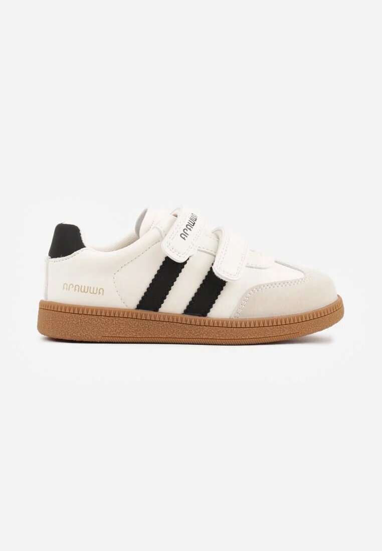 apawwa Pantofi sport tip sneakers Bej cu Branț din Piele cu Inscripții și Benzi Nemoreli