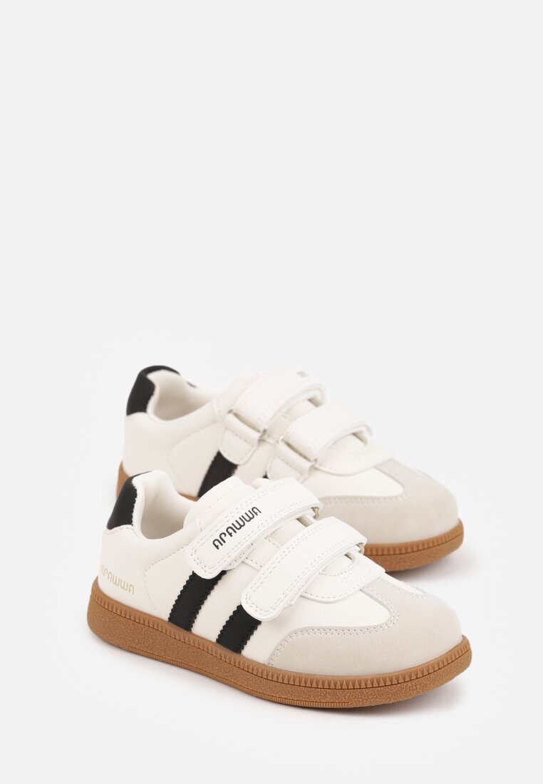 apawwa Pantofi sport tip sneakers Bej cu Branț din Piele cu Inscripții și Benzi Nemoreli