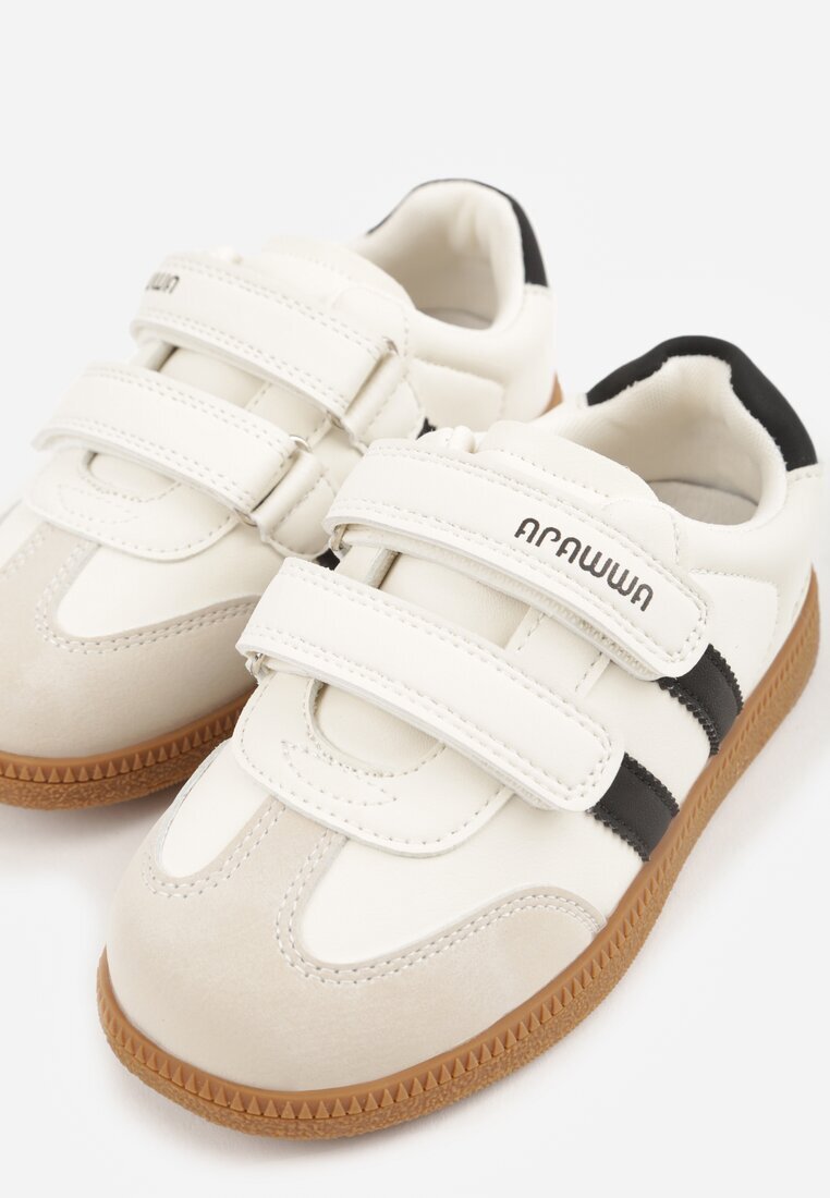 apawwa Pantofi sport tip sneakers Bej cu Branț din Piele cu Inscripții și Benzi Nemoreli