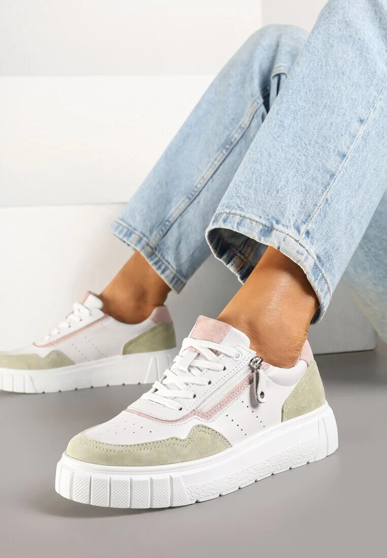 badoxx Sneakers Albi-Verzi din Piele cu Fermoar Decorativ Tillirella