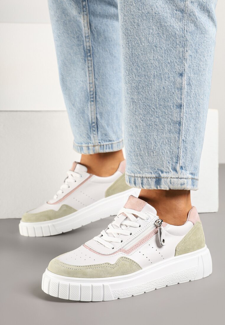 badoxx Sneakers Albi-Verzi din Piele cu Fermoar Decorativ Tillirella