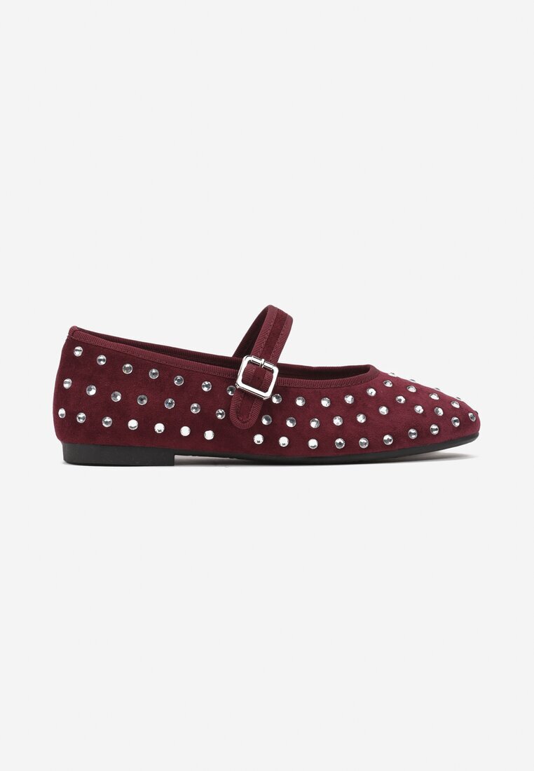  Baletini Bordo din Imitație de Velur cu Curelușă și Cataramă Decorați cu Zirconii Daibelle