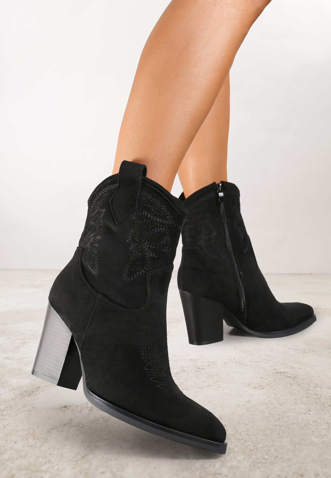 ballada Botine Negre cu toc stil cowboy cu sclipici Remitha