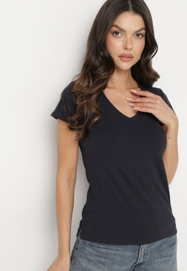 basic Tricou Bleumarin din Bumbac cu Decolteu în V Liniviela