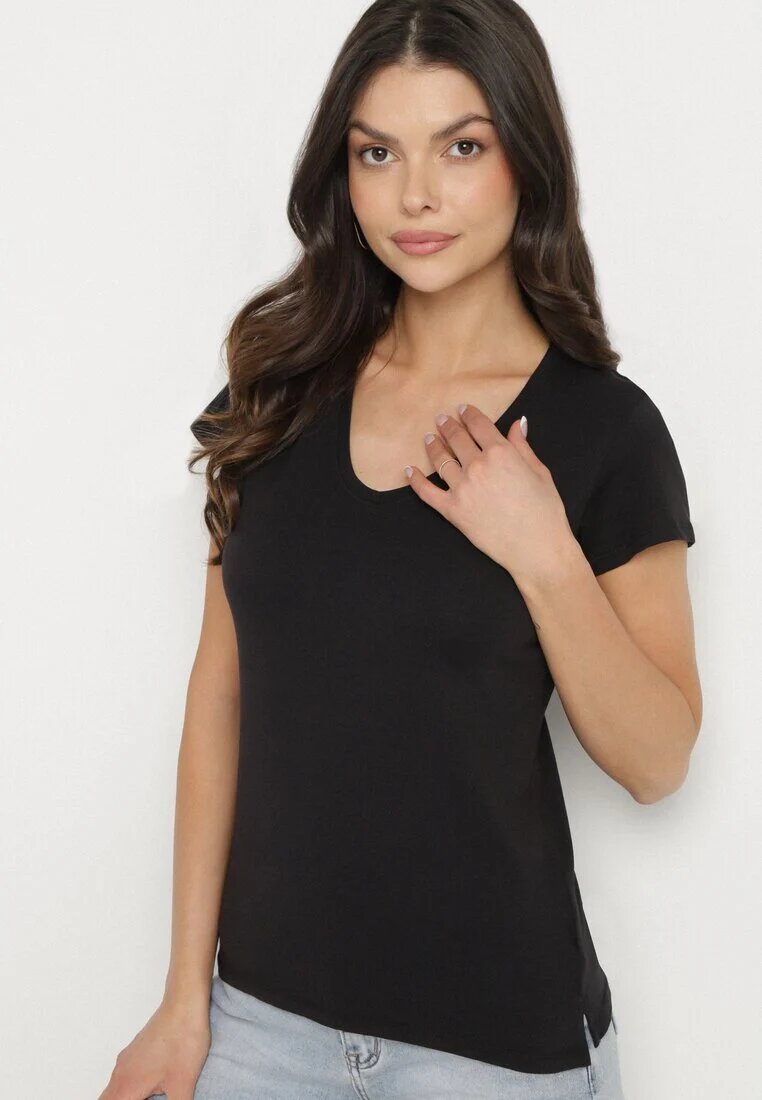 basic Tricou Negru din Bumbac cu Decolteu în V Liniviela