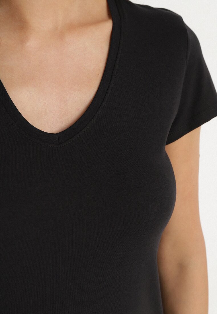 basic Tricou Negru din Bumbac cu Decolteu în V Liniviela