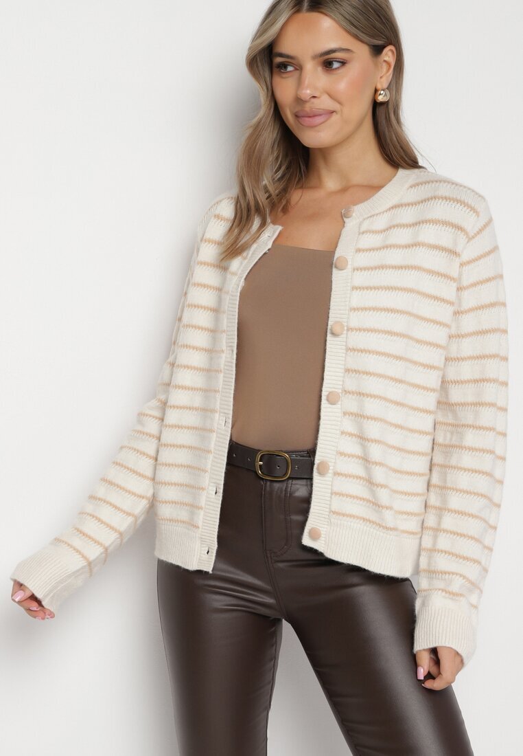 belcci Cardigan Deschizibil Bej în Dungi Finisat cu Manșete Elastice Irileisse