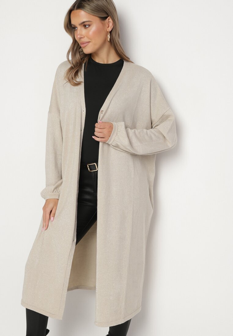 belcci Cardigan lung bej deschis cu adaos de viscoză decorat cu fir metalic Arsona
