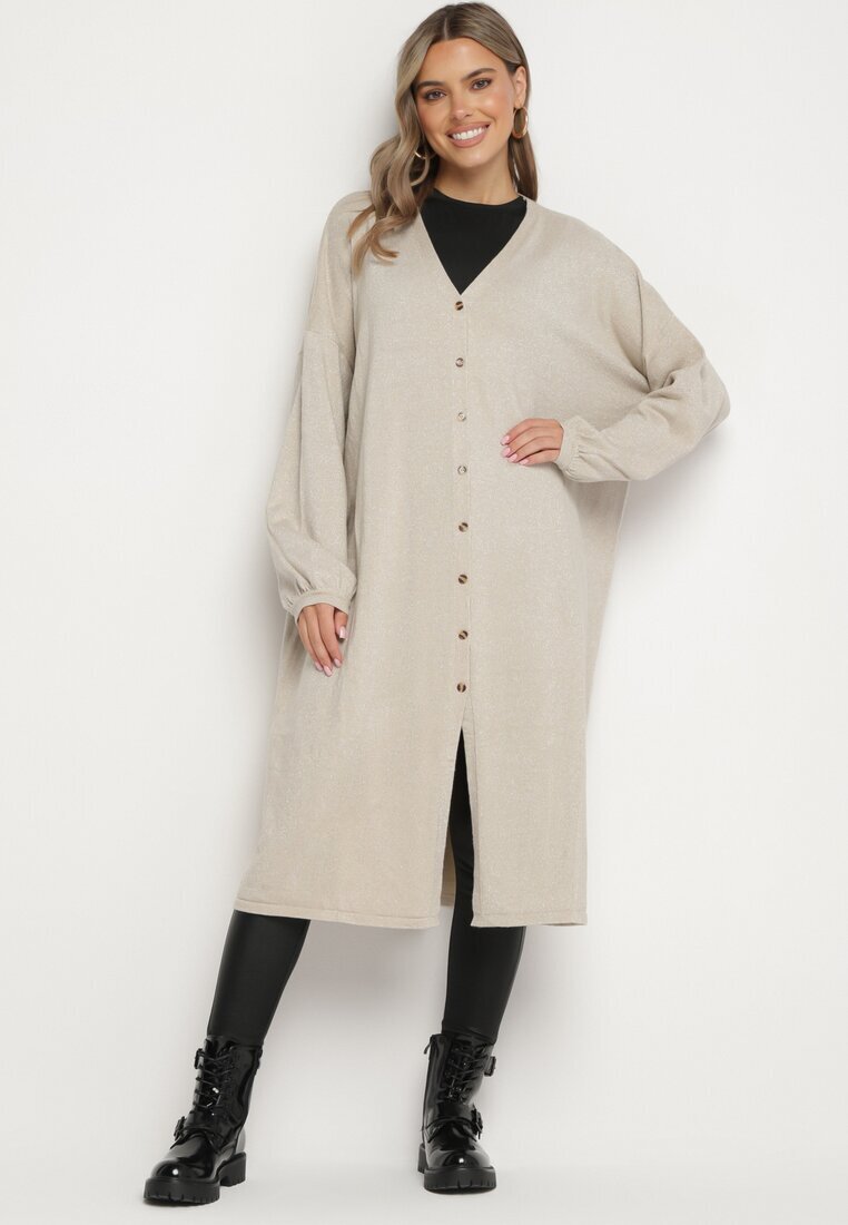 belcci Cardigan lung bej deschis cu adaos de viscoză decorat cu fir metalic Arsona