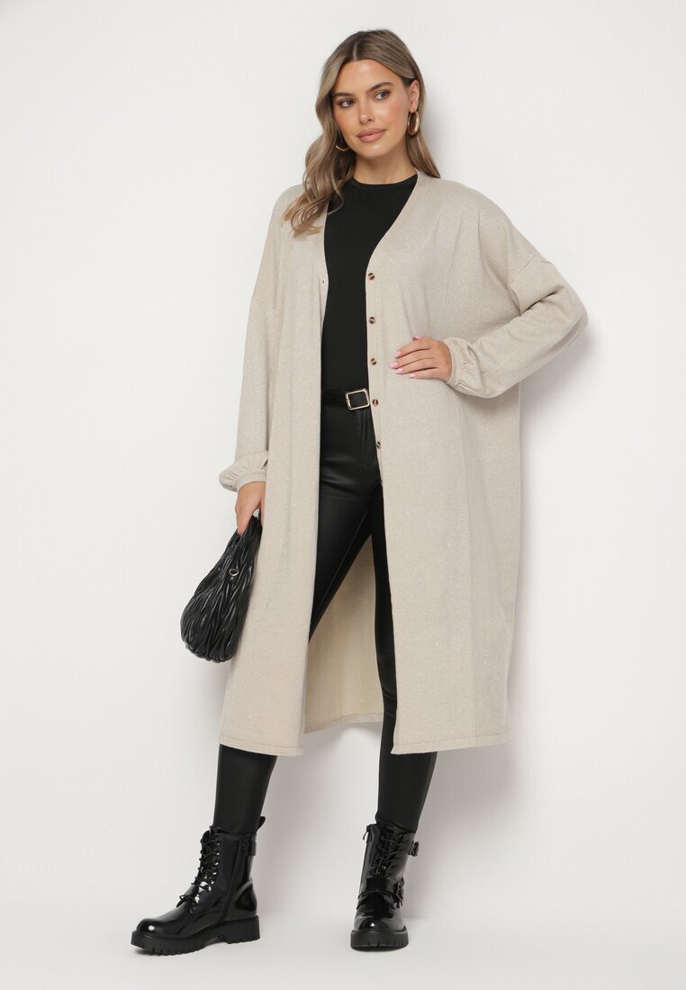 belcci Cardigan lung bej deschis cu adaos de viscoză decorat cu fir metalic Arsona