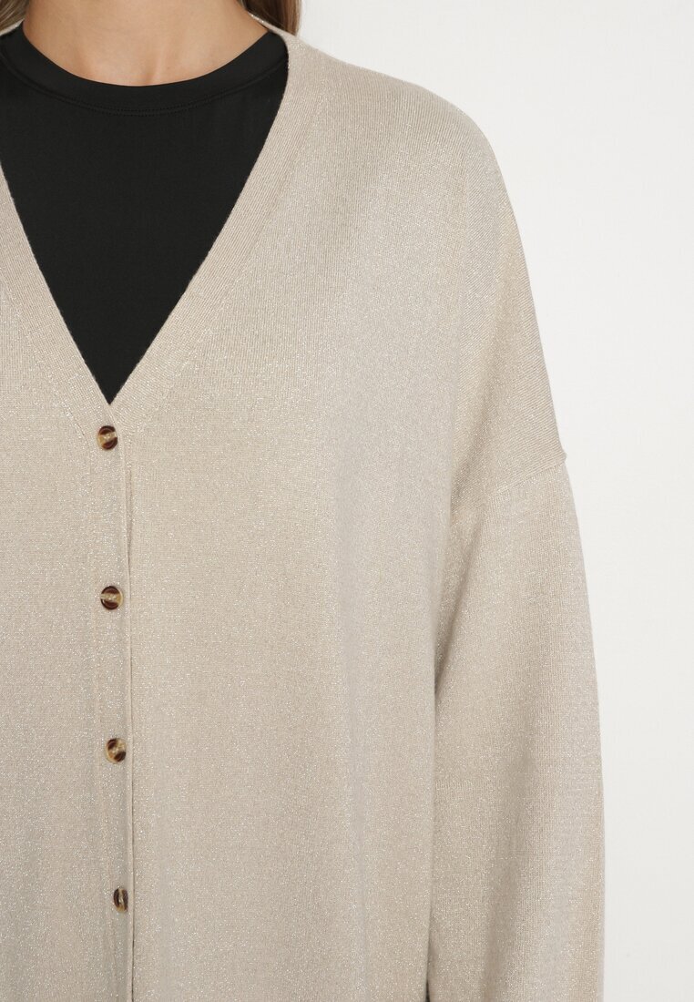belcci Cardigan lung bej deschis cu adaos de viscoză decorat cu fir metalic Arsona