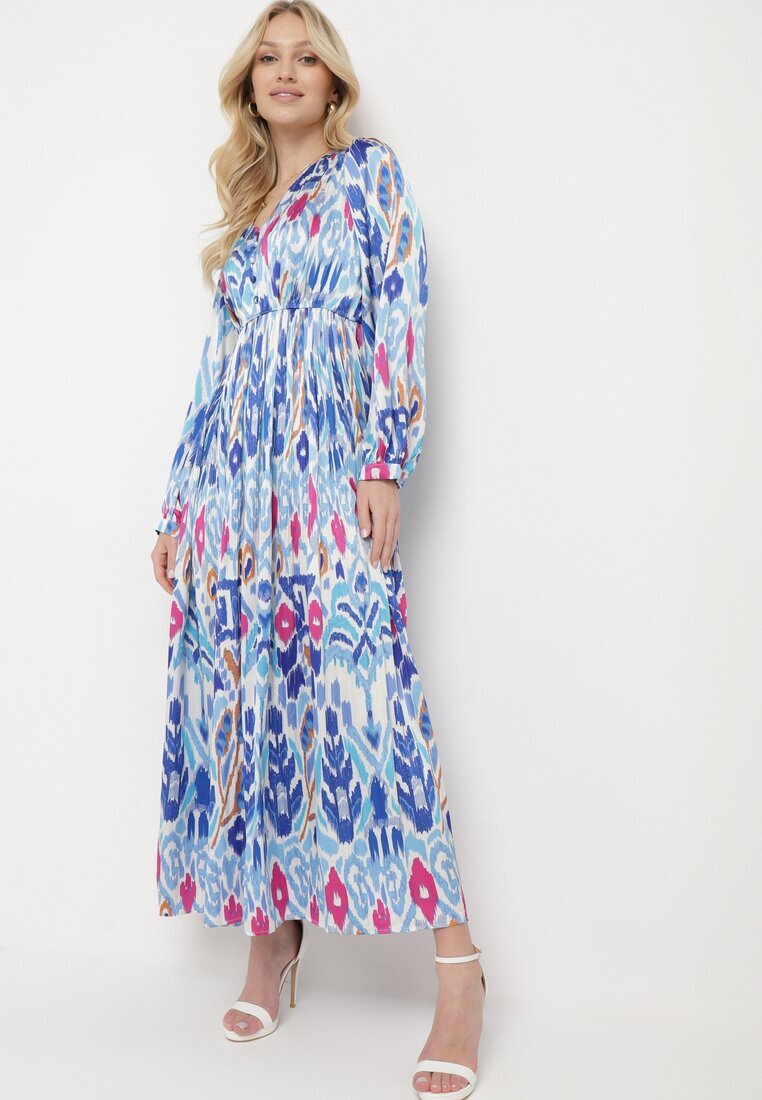 belcci Rochie Albastră Maxi cu Model Etno și Elastic în Talie Junimiza