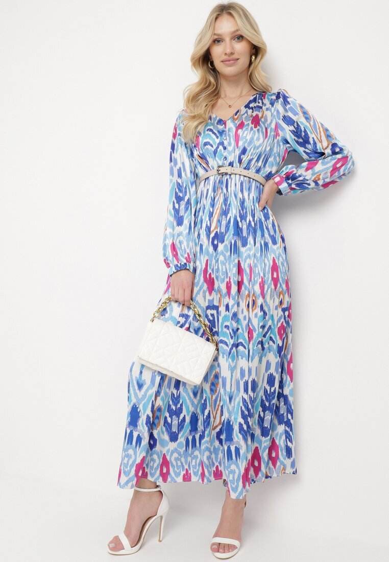 belcci Rochie Albastră Maxi cu Model Etno și Elastic în Talie Junimiza