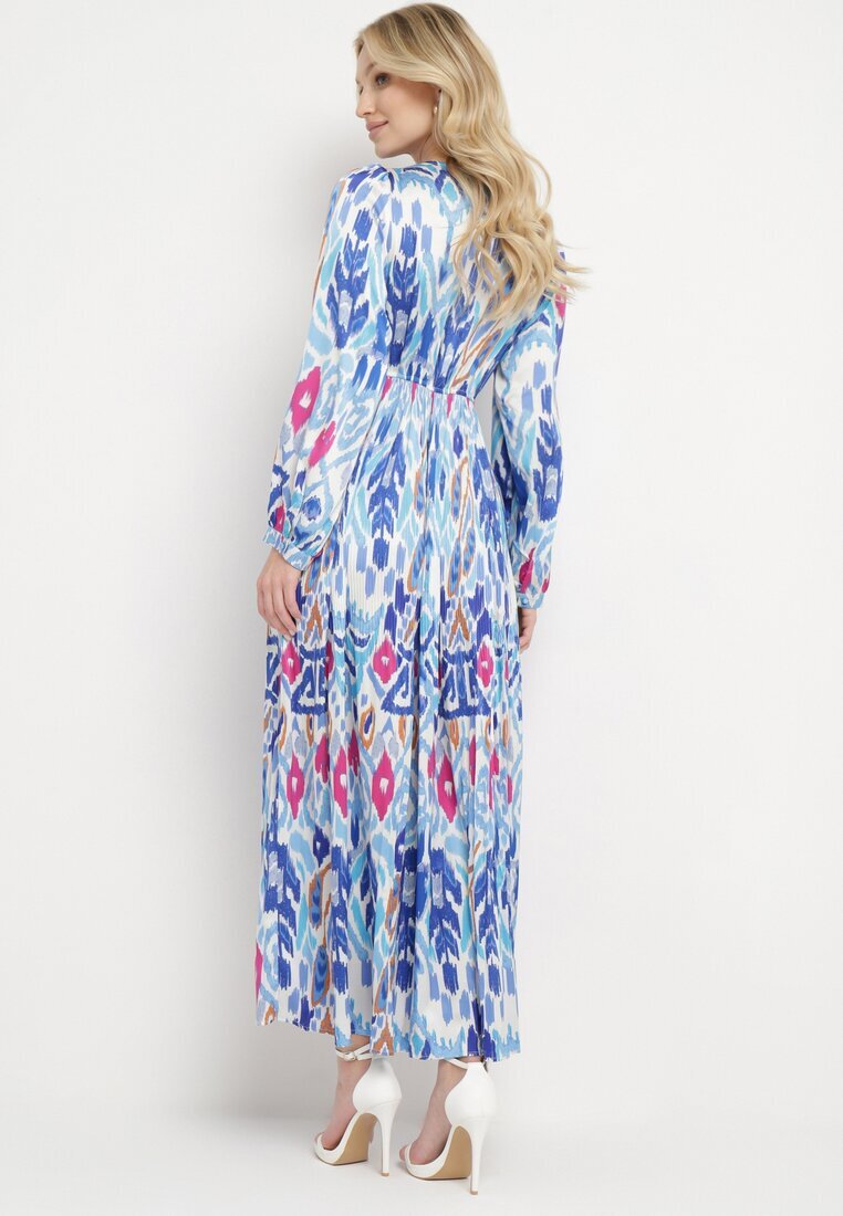 belcci Rochie Albastră Maxi cu Model Etno și Elastic în Talie Junimiza