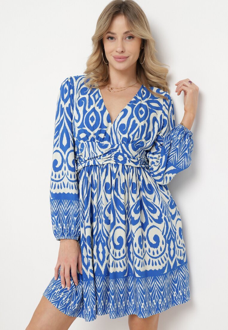 belcci Rochie Albastru-Alb Evazată cu Încrețituri Decorative și Elastic la Spate Jolilama