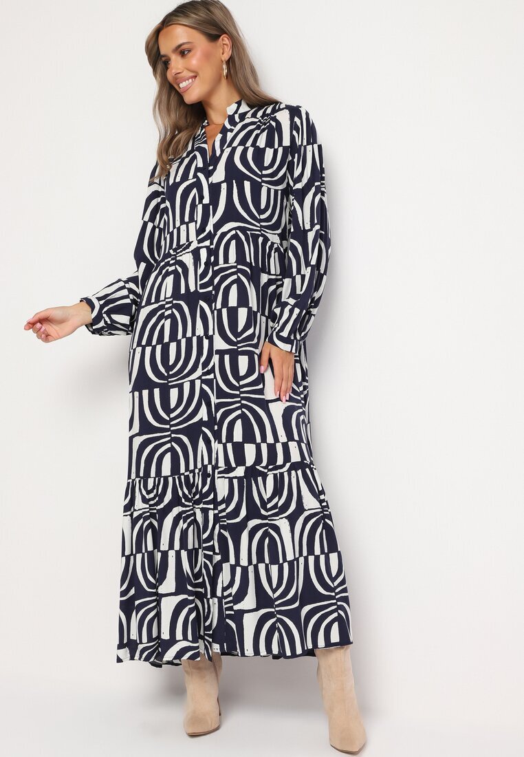 belcci Rochie Bleumarin-Albă Lungă Cloș cu Imprimeu Geometrie cu Croi Tip Cămașă Verdana
