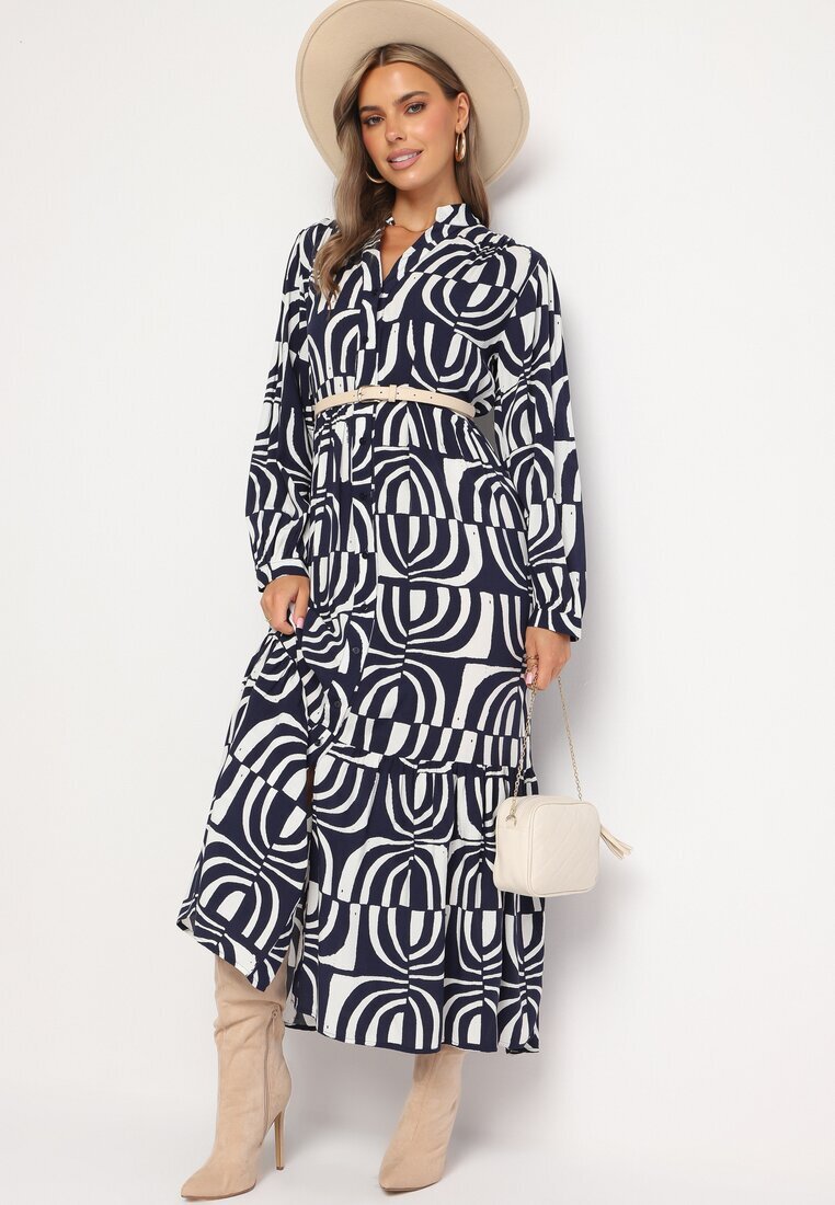 belcci Rochie Bleumarin-Albă Lungă Cloș cu Imprimeu Geometrie cu Croi Tip Cămașă Verdana