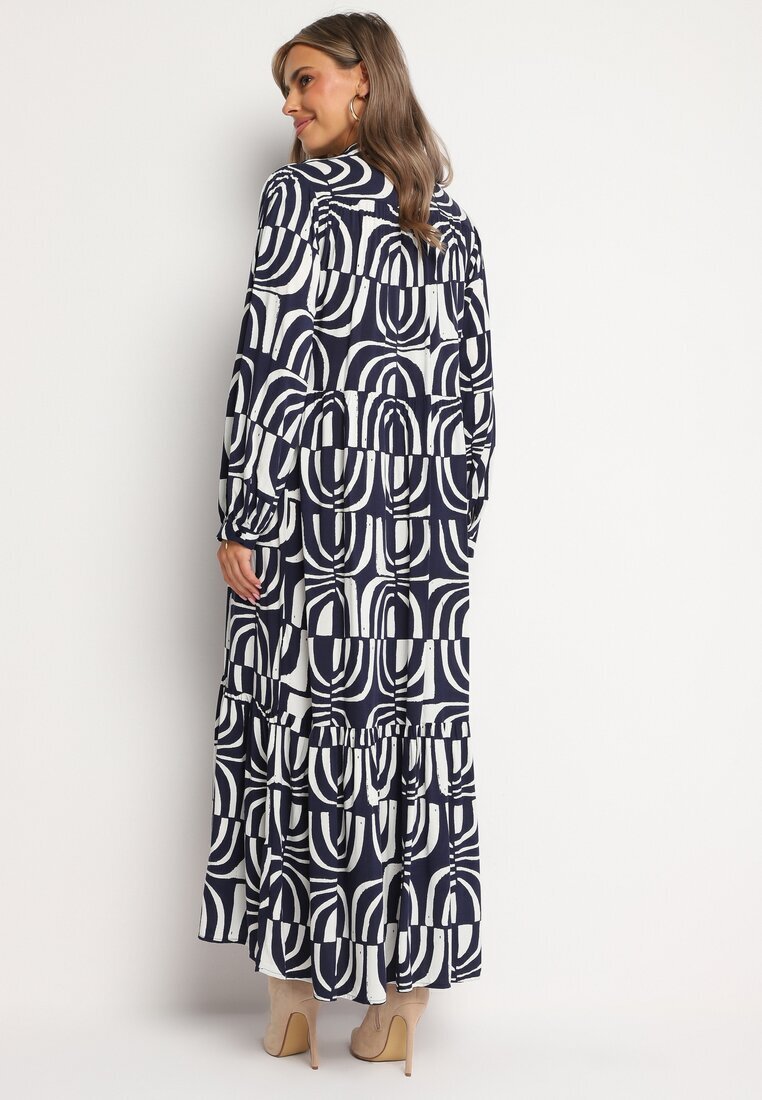 belcci Rochie Bleumarin-Albă Lungă Cloș cu Imprimeu Geometrie cu Croi Tip Cămașă Verdana