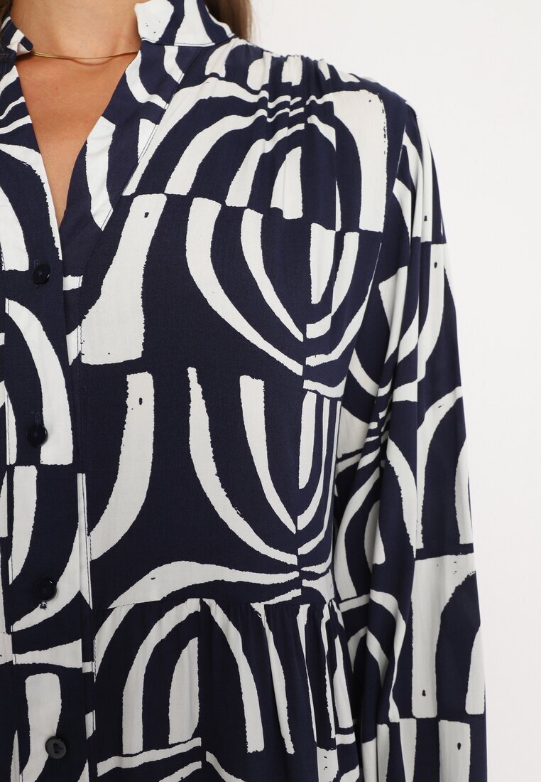 belcci Rochie Bleumarin-Albă Lungă Cloș cu Imprimeu Geometrie cu Croi Tip Cămașă Verdana
