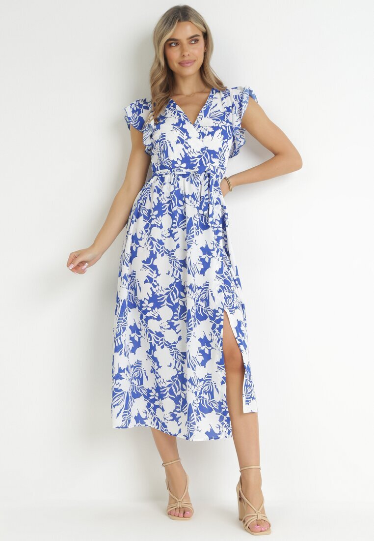 belcci Rochie Bleumarin-Albă Tip plic Maxi cu flori cu volan și legătură Xahna